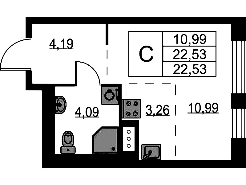 Квартира студия 22.53 м², 5/9 эт., ЖК «Квартал Лаголово»